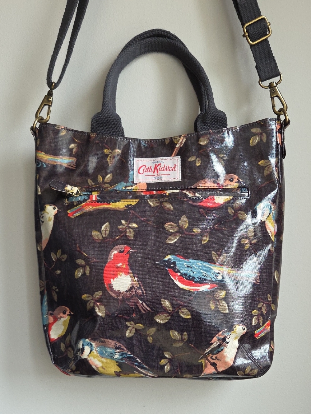 Cath Kidston EUC Black Floral Bird Print Tote Shoulder Bag Removable Strap